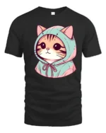 Cute Hoodie Cat Cartoon Graphic T Shirt Kawaii Style Animal Tee - black t-shirt on white background