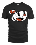 Cute Cup Face Illustration T Shirt Vintage Cartoon Style Tee - black t-shirt on white background