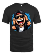 Funny DJ Cartoon Character Graphic T Shirt Music Party Style Tee - black t-shirt on white background