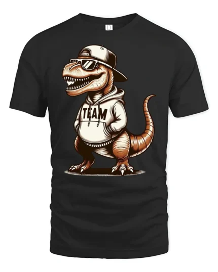 Cool T Rex In Hoodie Graphic T Shirt Funny Dinosaur Style Tee - black t-shirt on white background