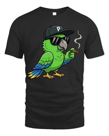 Cool Parrot With Sunglasses Graphic T Shirt Funny Chill Style Tee - black t-shirt on white background