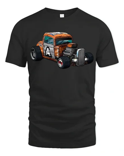 Vintage Hot Rod Cartoon Car Graphic T Shirt Retro Racing Style Tee - black t-shirt on white background