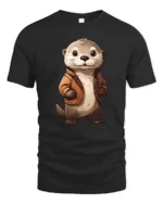 Cute Otter Wearing Jacket Graphic T Shirt Adorable Animal Style Tee - black t-shirt on white background