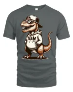 Cool T Rex In Hoodie Graphic T Shirt Funny Dinosaur Style Tee - gray t-shirt on white background