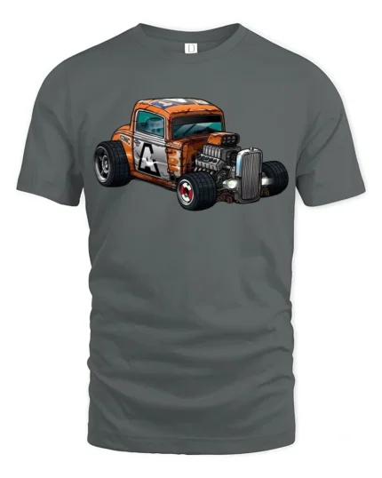 Vintage Hot Rod Cartoon Car Graphic T Shirt Retro Racing Style Tee - gray t-shirt on white background