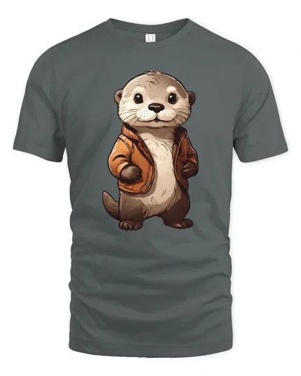 Cute Otter Wearing Jacket Graphic T Shirt Adorable Animal Style Tee - gray t-shirt on white background