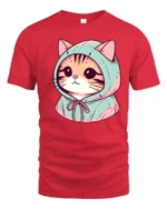 Cute Hoodie Cat Cartoon Graphic T Shirt Kawaii Style Animal Tee - red t-shirt on white background