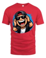 Funny DJ Cartoon Character Graphic T Shirt Music Party Style Tee - red t-shirt on white background
