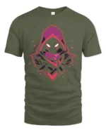 Neon Shadow Hooded Figure Graphic T Shirt Gaming Style Mystery Tee - military green t-shirt on white background