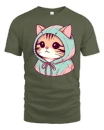 Cute Hoodie Cat Cartoon Graphic T Shirt Kawaii Style Animal Tee - military green t-shirt on white background