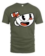 Cute Cup Face Illustration T Shirt Vintage Cartoon Style Tee - military green t-shirt on white background
