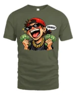 Funny Rich Guy Cartoon Graphic T Shirt Money Humor Style Tee - military green t-shirt on white background