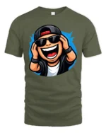 Funny DJ Cartoon Character Graphic T Shirt Music Party Style Tee - military green t-shirt on white background
