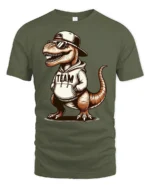 Cool T Rex In Hoodie Graphic T Shirt Funny Dinosaur Style Tee - military green t-shirt on white background