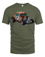 Vintage Hot Rod Cartoon Car Graphic T Shirt Retro Racing Style Tee - military green t-shirt on white background