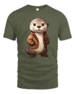 Cute Otter Wearing Jacket Graphic T Shirt Adorable Animal Style Tee - military green t-shirt on white background