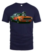 Retro Flame Muscle Car Graphic T Shirt Classic Racing Style Tee - navy t-shirt on white background