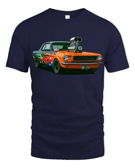 Retro Flame Muscle Car Graphic T Shirt Classic Racing Style Tee - navy t-shirt on white background