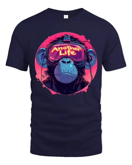 Another Life VR Monkey Graphic T Shirt Neon Gamer Style Tee - navy t-shirt on white background