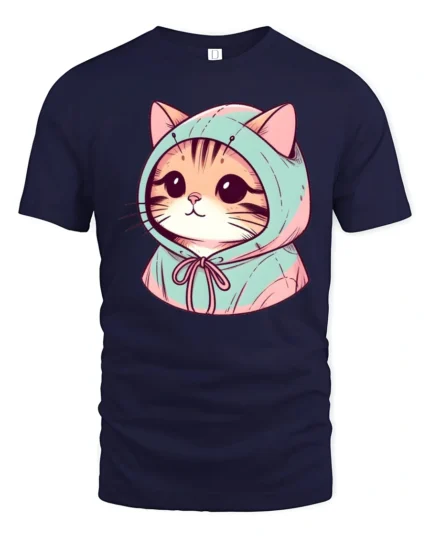 Cute Hoodie Cat Cartoon Graphic T Shirt Kawaii Style Animal Tee - navy t-shirt on white background