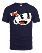 Cute Cup Face Illustration T Shirt Vintage Cartoon Style Tee - navy t-shirt on white background