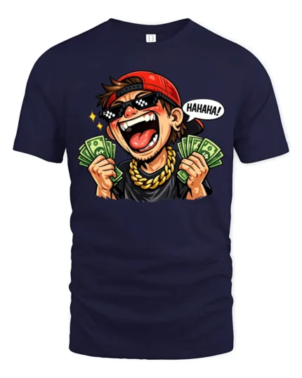 Funny Rich Guy Cartoon Graphic T Shirt Money Humor Style Tee - navy t-shirt on white background