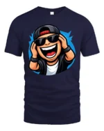 Funny DJ Cartoon Character Graphic T Shirt Music Party Style Tee - navy t-shirt on white background