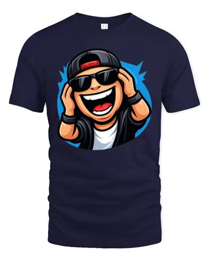 Funny DJ Cartoon Character Graphic T Shirt Music Party Style Tee - navy t-shirt on white background