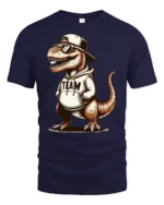 Cool T Rex In Hoodie Graphic T Shirt Funny Dinosaur Style Tee - navy t-shirt on white background