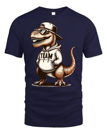 Cool T Rex In Hoodie Graphic T Shirt Funny Dinosaur Style Tee - navy t-shirt on white background