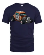Vintage Hot Rod Cartoon Car Graphic T Shirt Retro Racing Style Tee - navy t-shirt on white background