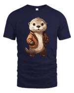 Cute Otter Wearing Jacket Graphic T Shirt Adorable Animal Style Tee - navy t-shirt on white background