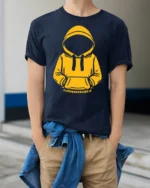 Mystery Hoodie Outline T Shirt Cool Urban Aesthetic Graphic Tee - model wearing navy tee with hands in pockets