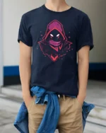 Neon Shadow Hooded Figure Graphic T Shirt Gaming Style Mystery Tee - model wearing navy tee with hands in pockets