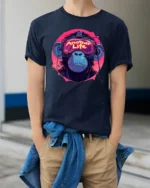 Another Life VR Monkey Graphic T Shirt Neon Gamer Style Tee - model wearing navy tee with hands in pockets