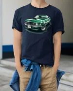 Classic Green Muscle Car Graphic T Shirt Vintage Auto Style Tee - model wearing navy tee with hands in pockets