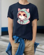 Cute Hoodie Cat Cartoon Graphic T Shirt Kawaii Style Animal Tee - model wearing navy tee with hands in pockets