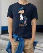 Cool Skater Kid Cartoon Graphic T Shirt Street Style Skate Tee - model wearing navy tee with hands in pockets