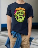Cartoon Zombie Politician Graphic T Shirt Funny Spooky Style Tee - model wearing navy tee with hands in pockets