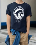 Minimalist Headphones Graphic T Shirt Music Lover Style Tee - model wearing navy tee with hands in pockets