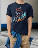 Mountain Bike Rider Graphic T Shirt Outdoor Adventure Style Tee - model wearing navy tee with hands in pockets