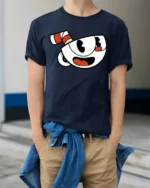 Cute Cup Face Illustration T Shirt Vintage Cartoon Style Tee - model wearing navy tee with hands in pockets