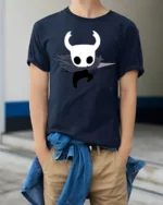 Cute Ghost Knight Cartoon Graphic T Shirt Fantasy Gamer Style Tee - model wearing navy tee with hands in pockets