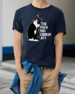 Funny Attitude Cat Graphic T Shirt Sarcastic Humor Style Tee - model wearing navy tee with hands in pockets
