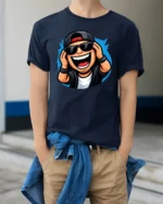 Funny DJ Cartoon Character Graphic T Shirt Music Party Style Tee - model wearing navy tee with hands in pockets