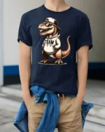 Cool T Rex In Hoodie Graphic T Shirt Funny Dinosaur Style Tee - model wearing navy tee with hands in pockets