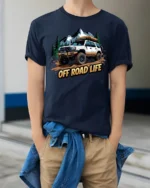 Off Road Life Adventure Graphic T Shirt Rugged Outdoor Style Tee - model wearing navy tee with hands in pockets