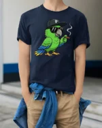 Cool Parrot With Sunglasses Graphic T Shirt Funny Chill Style Tee - model wearing navy tee with hands in pockets