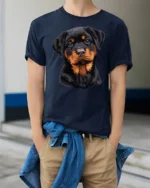 Cute Rottweiler Puppy Graphic T Shirt Adorable Dog Lover Tee - model wearing navy tee with hands in pockets