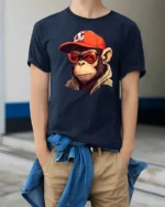 Cool Monkey With Sunglasses Graphic T Shirt Urban Street Style Tee - model wearing navy tee with hands in pockets